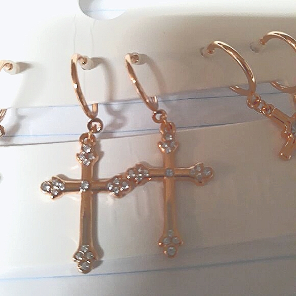 Forever 21 Cross Dangle Crystal Gold  Earrings Crucifix Ear Loops NEW NWT